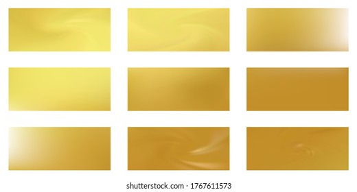 Gold mesh gradients vector collection. Golden foil glossy blurred backgrounds set. Metallic silk texture gold gradients abstract graphic design for web, sale ads. Shiny isolated badges.