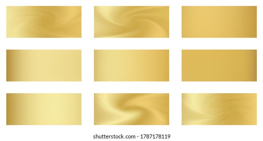 Gold mesh gradients vector collection. Golden foil glossy blurred backgrounds set. Metallic silk texture gold gradients abstract graphic design for web, sale ads. Shiny isolated badges.