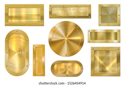 Gold metal banner. Golden plate, metallic textured golds banners and premium frame. Winning award label, quality certificate guarantee sticker. Realistic isolated vector icons set