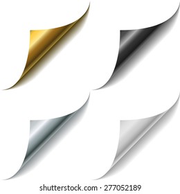 Gold, Metal, Black And White Page Corner Curls Vector Template.