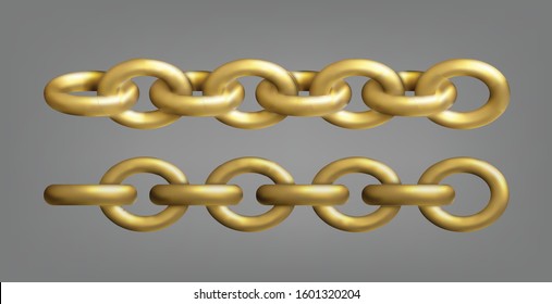 Gold metal chains in different angles. 3d realistic illustration. Jewelry set
