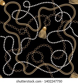 Gold  metal  chains with tassels  and pearl beads  seamless . Fashion illustration. Seamless pattern abstract design. Filigree necklce on black background. 