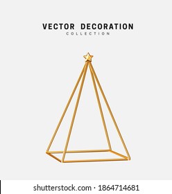 Gold metal decor Christmas tree and conical pine. Xmas decoration isolated 3d object.