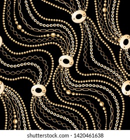 Gold  metal different chains  with buckle seamless . Fashion illustration. Seamless pattern abstract design. Filigree necklce on black background. 