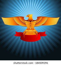 Gold metal eagle with a ribbon on a background; Eps8