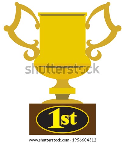 A gold metal flat vector first place trophy with a wooden base