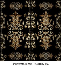 Metal de oro con estampado floral. Beige, negro y marrón con elementos dorados. Vector dorado adorno floral brocado textil y vidrio patrón. Patrón dorado sin remedio.