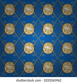 Gold metal with floral pattern. Blue, brown and beige colors with golden elements. Seamless golden pattern. Vector golden floral ornament brocade textile and glass pattern.