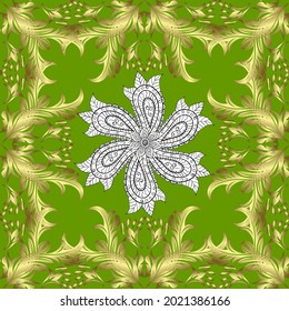 Gold metal with floral pattern. Green, yellow and neutral colors with golden elements. Vector golden floral ornament brocade textile and glass pattern. Seamless golden pattern.