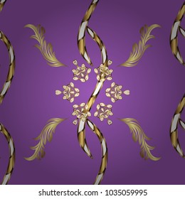 Gold metal with floral pattern. Vector golden floral ornament brocade textile and glass pattern. Violet, brown and yellow colors with golden elements. Seamless golden pattern.