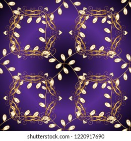 Gold metal with floral pattern. Vector golden floral ornament brocade textile and glass pattern. Ornamental golden pattern. Violet, brown and gray colors with golden elements.