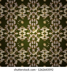 Gold metal with floral pattern. Vector golden floral ornament brocade textile and glass pattern. Green and white colors with golden elements. Seamless golden pattern.