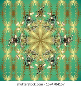 Gold metal with floral pattern. Vector golden floral ornament brocade textile and glass pattern. Neutral and green colors with golden elements. Seamless golden pattern.