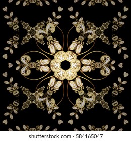 Gold metal with floral pattern. Vector golden floral ornament brocade textile and glass pattern. Black background with golden elements. Seamless golden pattern.