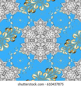 Gold metal with floral pattern. Vector golden floral ornament brocade textile and glass pattern. Blue background with golden elements. Golden pattern.