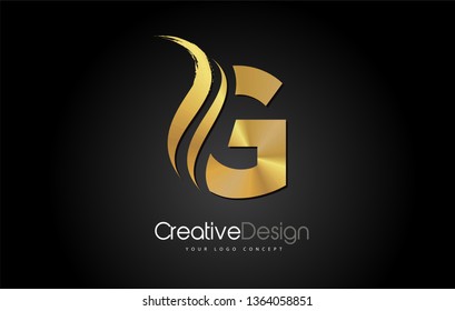 Gold Metal G Letter Design Brush Paint Stroke. Letter Logo on Black Background