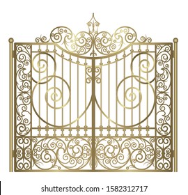 gold metal gate with forged ornaments on a white background