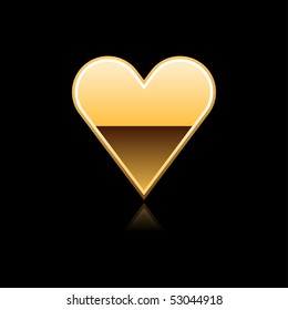 Gold metal glossy web button heart with reflection on black