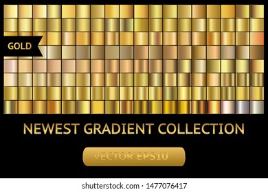Gold metal gradient chrome scratched texture vector icon foil background set for banner, ribbon, label. Shine design collection. Elegant light effect seamless pattern template