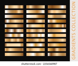 Gold metal gradient collection and gold foil texture set. Shiny vector sillustration for posters, brochure, invitation, wallpaper, flyers, banners.