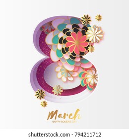 Gold Metal Happy Women's Day. 8 March. Trendy Mother's Day. Paper cut Floral Greeting card. Origami flowers. Spring blossom. Seasonal holiday. Eight number frame. Trendy paper decoration.