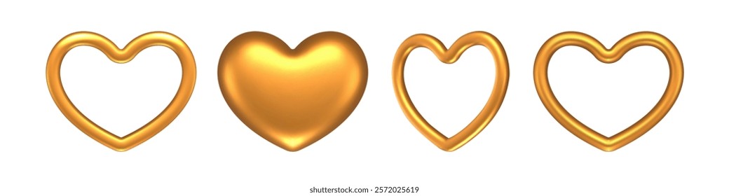 Gold Metal Hearts. Realistic design of 3D gold hearts set, perfect as a romantic symbol of love.