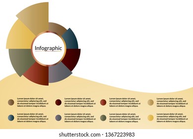 Gold metal Infographic diagram data visualization template with 8 options (steps) and place for text. Design for chart, report, banner, workflow, presentation. Editable Vector EPS 10 illustration