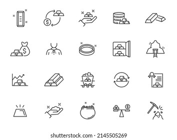 Gold metal ingot line icon set. Vector gold bar precious investment money pot, golden brick stroke icon set