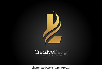 Gold Metal L Letter Design Brush Paint Stroke. Letter Logo on Black Background