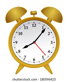 Gold metal mechanical, analog retro alarm clock ticking. old fashion design, circle shape alarm-clock with two black and one red hand, vector art image illustration eps10, isolated on white background