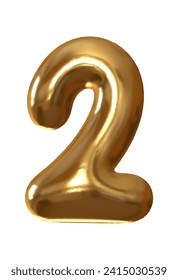 Gold metal number 2 realistic 3d design. 2 number on a white background. Vector illustration