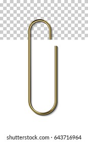 Gold metal paper clip isolated and attached to white paper