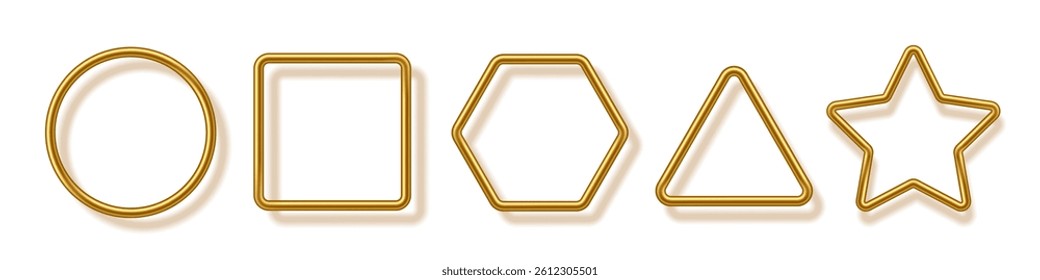 Gold metal photo frames set on white. Golden tube frames with shadow. Collection of geometric shapes: circle, square, hexagon, triangle, and star. Realistic vector illustration.