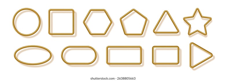 Gold metal photo frames set on white. Golden tube frames with shadow. Collection of geometric shapes: square, circle, triangle, rectangle, oval, pentagon, heart, star, ring. Vector illustration.