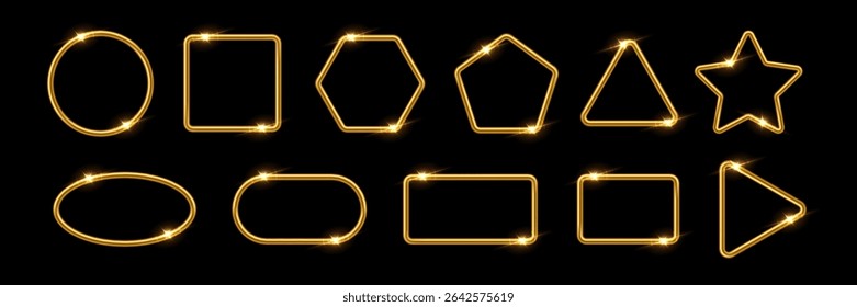 Gold metal photo frames set on black. Golden tube frames with shadow. Collection of geometric shapes: square, circle, triangle, rectangle, oval, pentagon, heart, star, ring. Vector illustration.