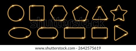 Gold metal photo frames set on black. Golden tube frames with shadow. Collection of geometric shapes: square, circle, triangle, rectangle, oval, pentagon, heart, star, ring. Vector illustration.
