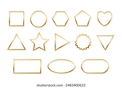 Gold metal photo frames with shadow on white background. Realistic template vector illustration set. Simple golden square, circle, triangle, rectangle, oval, pentagon, heart, star, ring.