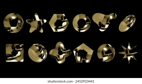 Gold metal reflective elements for design, set on a black background.Vector figures with a shiny reflective surface