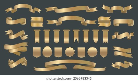 Gold metal ribbon banners and price tag badges set. Golden sticker colored curled ribbon collection isolated on black vector illustration
