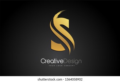 Gold Metal S Letter Design Brush Paint Stroke. Letter Logo on Black Background