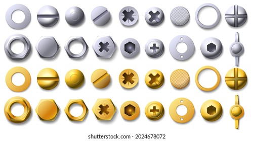 Gold and metal screw, rivet and bolt heads top view. 3d brass and steel nail, buttons, hexagon and circle shaped nuts with thread vector set. Illustration of screw gold and silver nuts to fix
