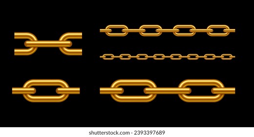 Gold metal seamless chain set vector illustration on black background. Realistic iron chain links. Gold luxury jewelry necklace.