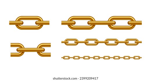 Gold metal seamless chain set vector illustration on white background. Realistic iron chain links. Golden shiny luxury jewelry necklace.