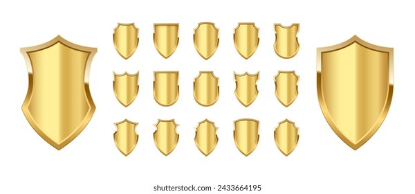 Gold metal shields with reflection in shiny frames set. Military emblem isolated on white background. Vector illustration of medieval ammunition, war trophy, heraldic symbol for badge, icon, logo.