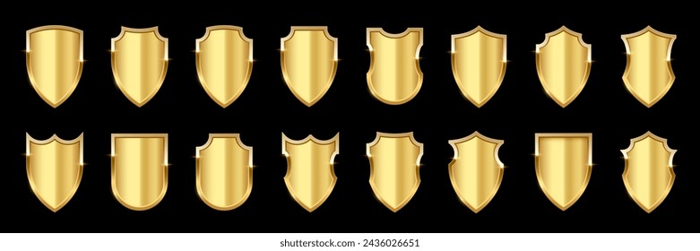 Gold metal shields with reflection in shiny frames set. Military emblem isolated on black background. Vector illustration of medieval ammunition, war trophy, heraldic symbol for badge, icon, logo.