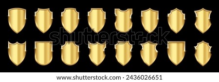 Gold metal shields with reflection in shiny frames set. Military emblem isolated on black background. Vector illustration of medieval ammunition, war trophy, heraldic symbol for badge, icon, logo.