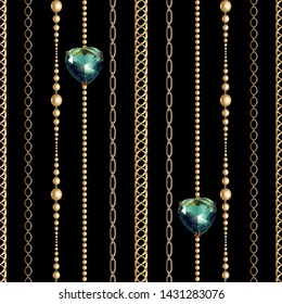 Gold  metal shine chains, beads and gem seamless . Fashion illustration. Seamless pattern abstract design. Filigree necklce on deep blue background. 
