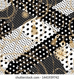 Gold  metal shine chains  with buckle and tassels seamless . Polka dots black and white background.Fashion illustration. Seamless pattern abstract design. Filigree necklce on black background.