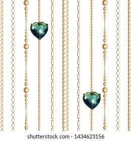 Gold  metal shine chains  with gems seamless . Fashion illustration. Seamless pattern abstract design. Filigree necklce on white background. 

