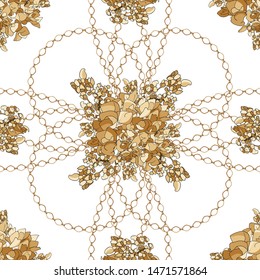 Gold metal shine chains with hydrangea flowers seamless . Fashion illustration. Seamless pattern abstract design. Filigree necklce and flowers on white background.